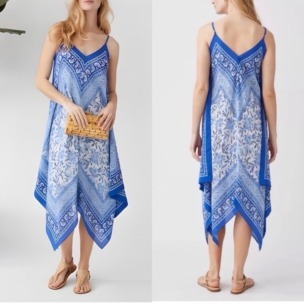 J. McLaughlin Caprice Spaghetti Silk Strap Dress Assym Navy Aqua Blue Sz XS